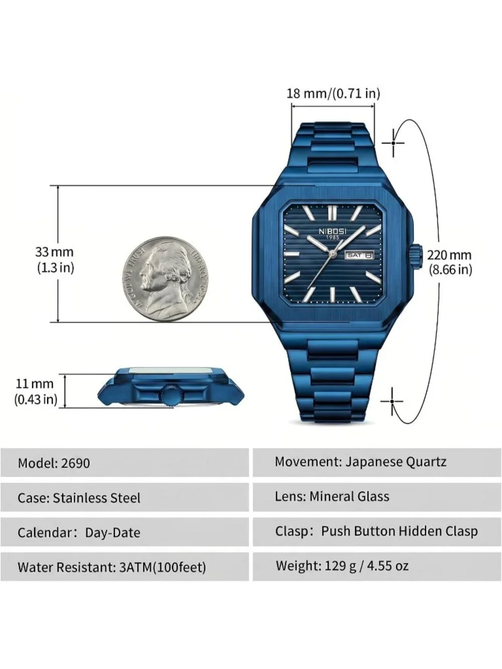 Men's Blue Square Analog Quartz Stainless Steel Waterproof Classic Wrist Watch